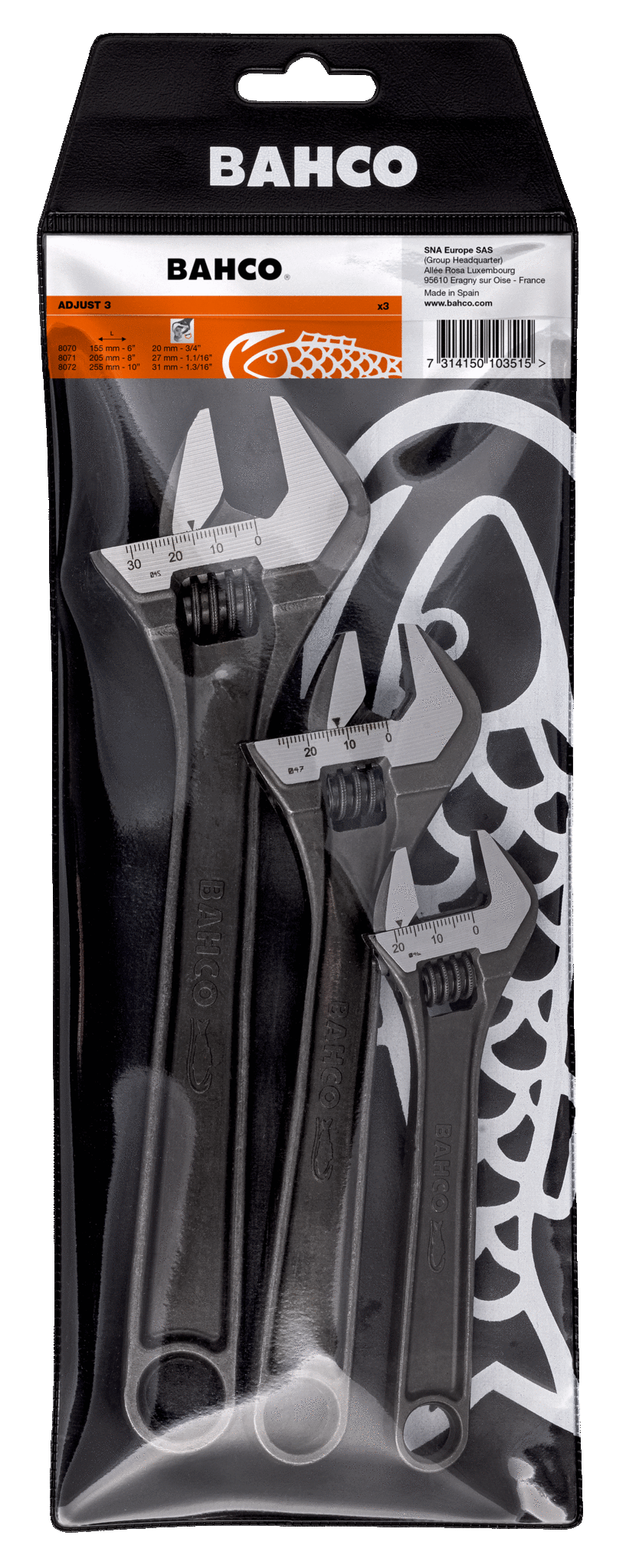 BAHCO Adjustable Wrench Set, 3 Piece